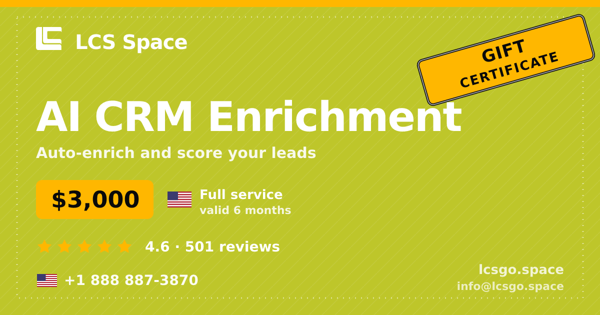 AI CRM Enrichment gift certificate — $3,000, valid 6 months. LCS Space.