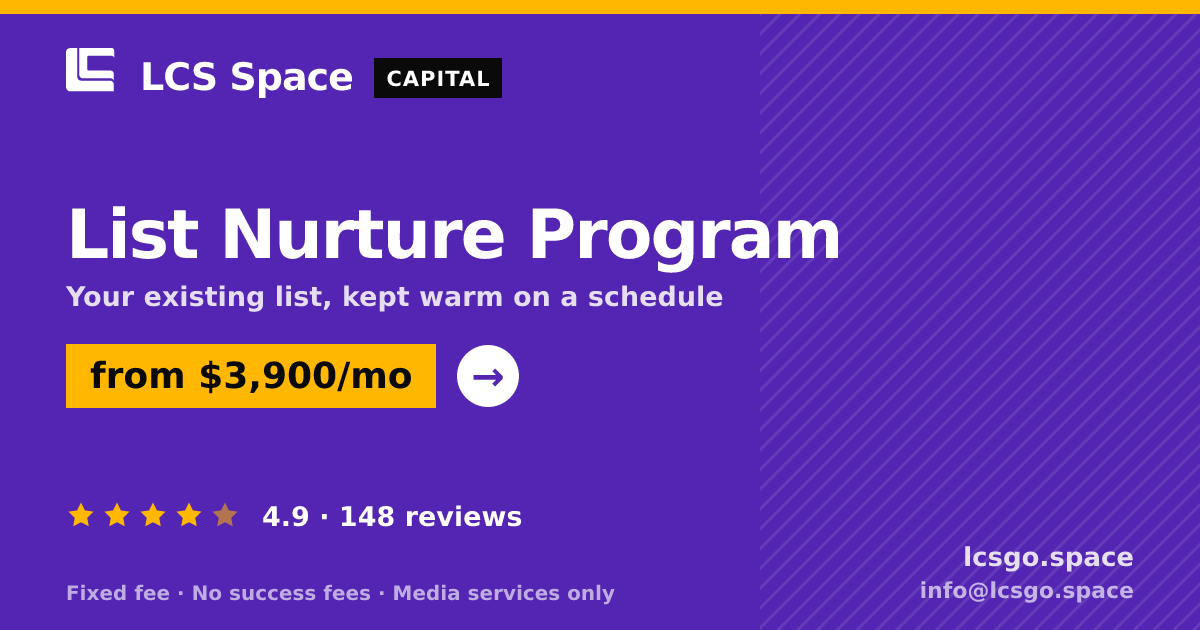 List Nurture Program — from $3,900/mo, rated 4.9/5 across 148 reviews. LCS Space.