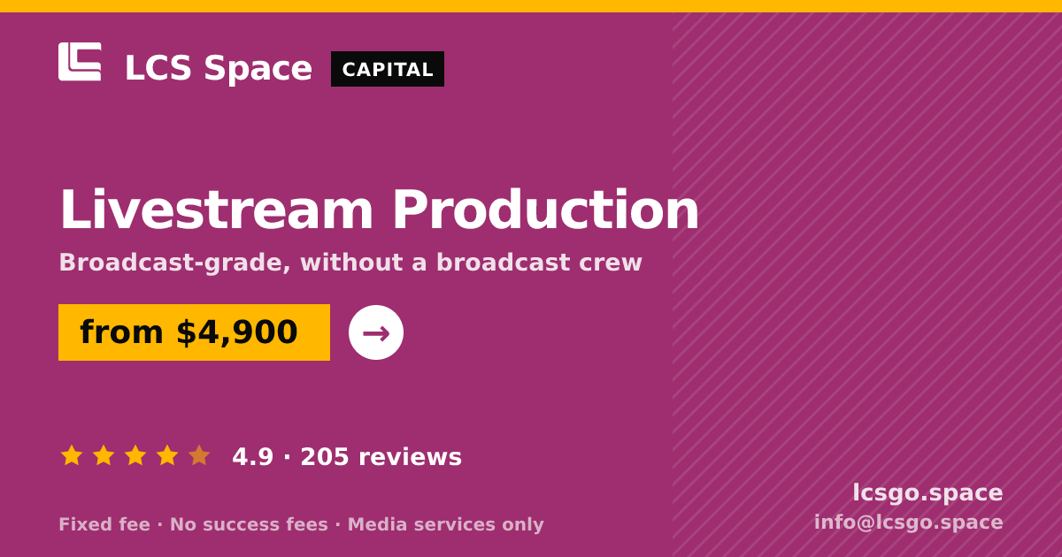 Livestream Production — from $4,900, rated 4.9/5 across 205 reviews. LCS Space.