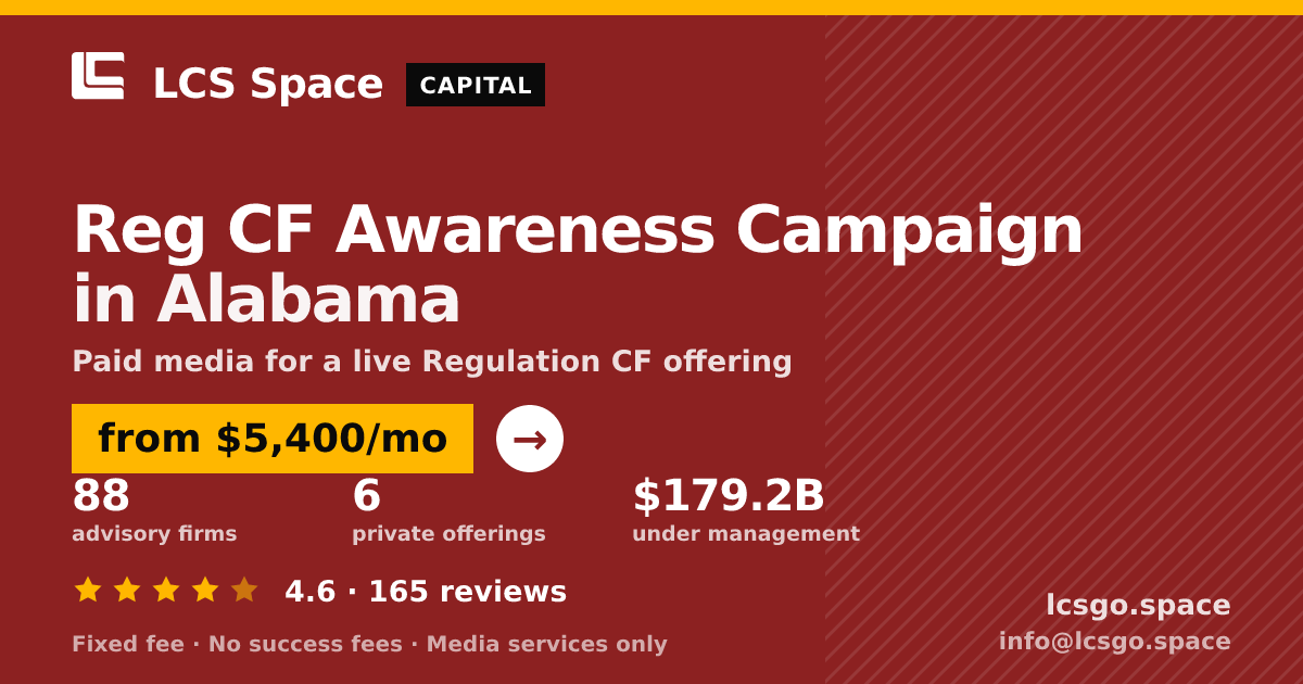 Reg CF Awareness Campaign in Alabama — from $5,400/mo, rated 4.6/5 across 165 reviews. LCS Space.