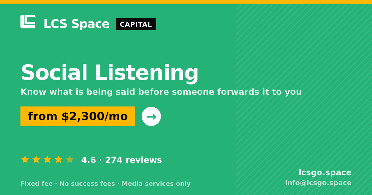 Social Listening — from $2,300/mo, rated 4.6/5 across 274 reviews. LCS Space.