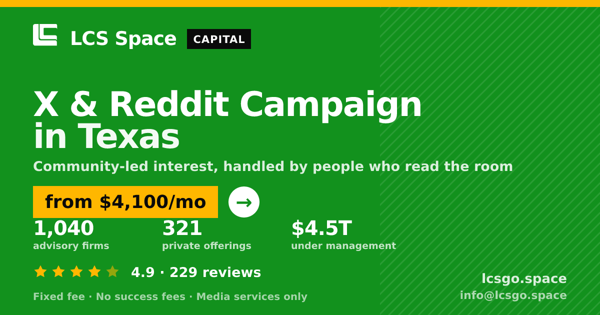 X & Reddit Campaign in Texas — from $4,100/mo, rated 4.9/5 across 229 reviews. LCS Space.