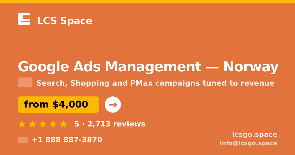 Google Ads Management in Norway — from $4,000/mo, rated 5/5 by 2713 clients. LCS Space.